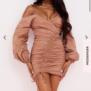 HouseofCB Indra MOCHA OFF THE SHOULDER WRAP MINI DRESS